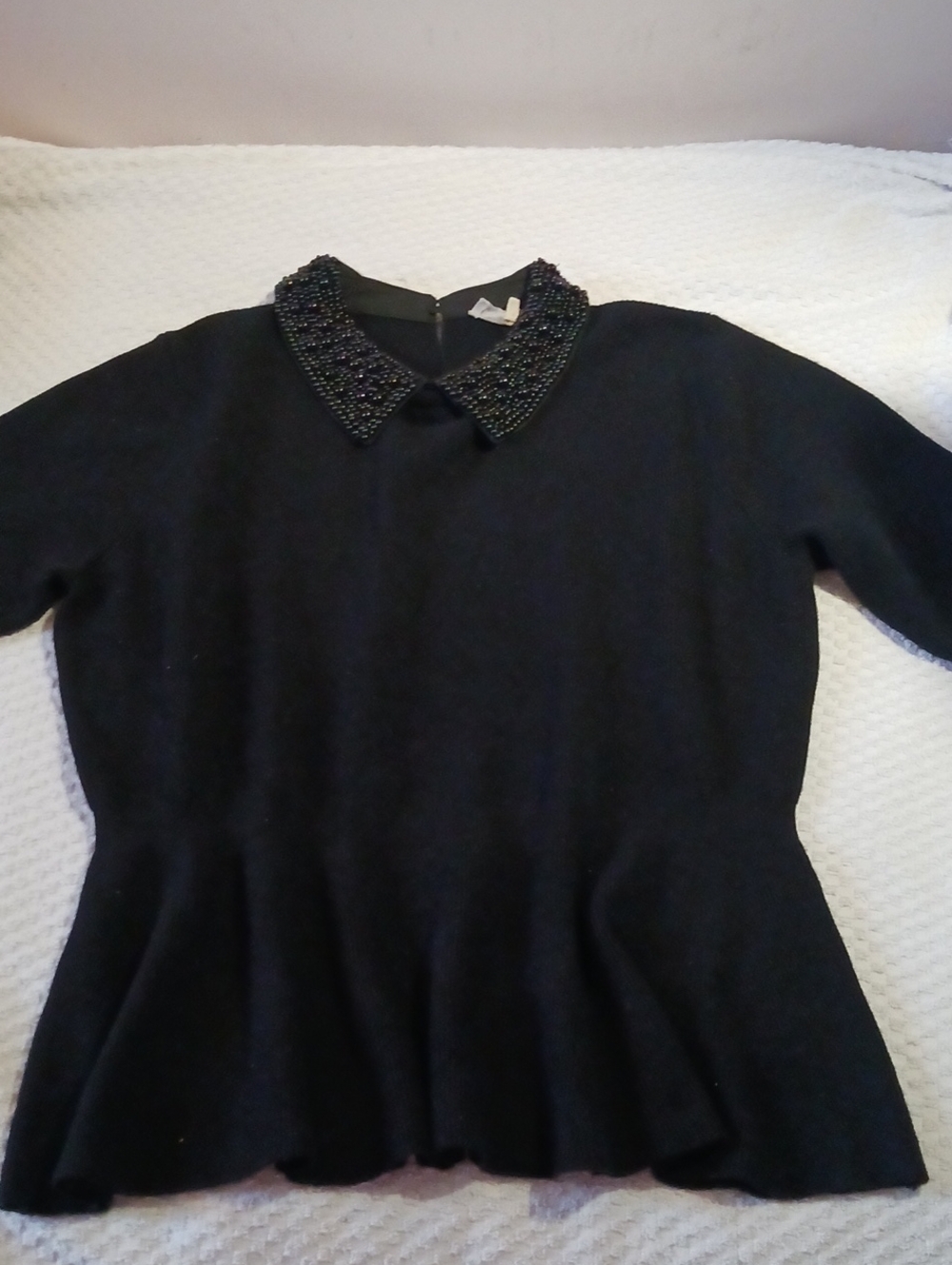 La Vila MILANO Black Beaded Collar Short-Sleeve Sweater Flair Peblum Waist XL
